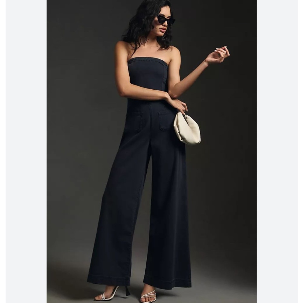 Brand New PILCRO STRAPLESS POLISHED WIDE-LEG DENIM JUMPSUIT